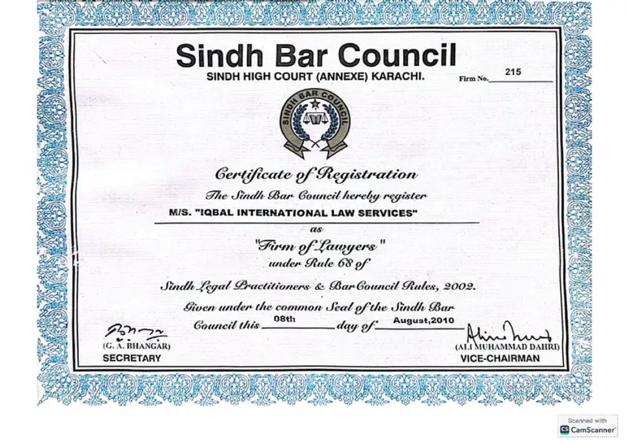 Sindh Bar Council Certificate of Registration for M/S. Iqbal International Law Services, dated 08 August 2010