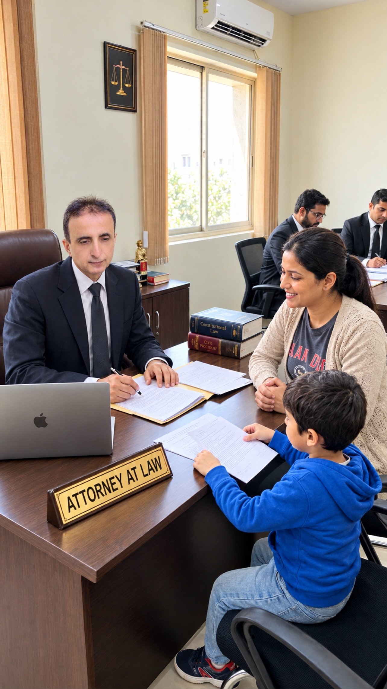 Advocate Muhammad Iqbal Khan in consultation with clients at his Karachi office